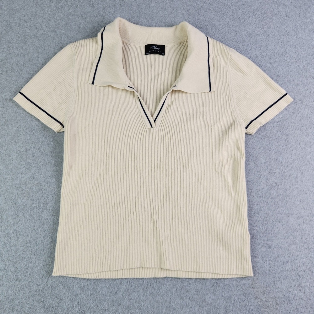 Milk & Honey Polo Shirt Womens Large Cream Knitwear Ribbed Short Sleeve Collared